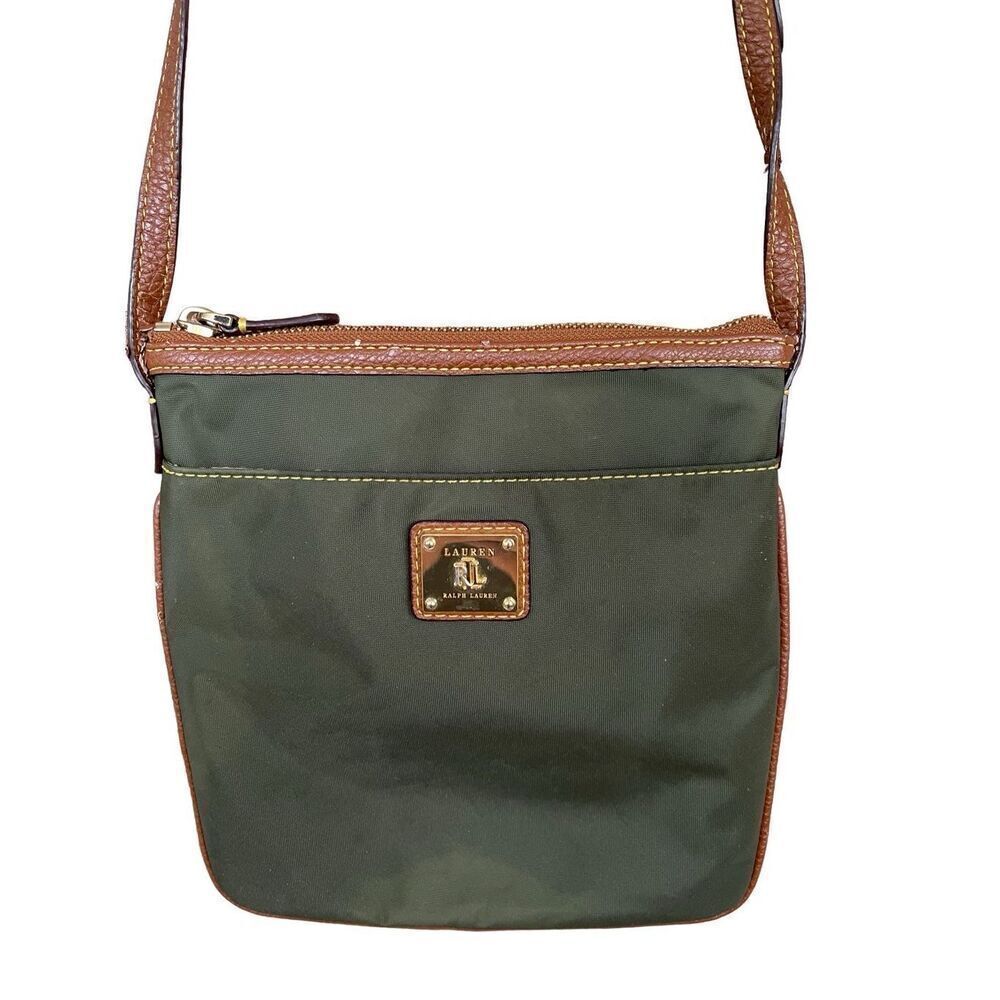 Ralph Lauren Womens Green Leather Adjustable Strap Nylon Crossbody Bag